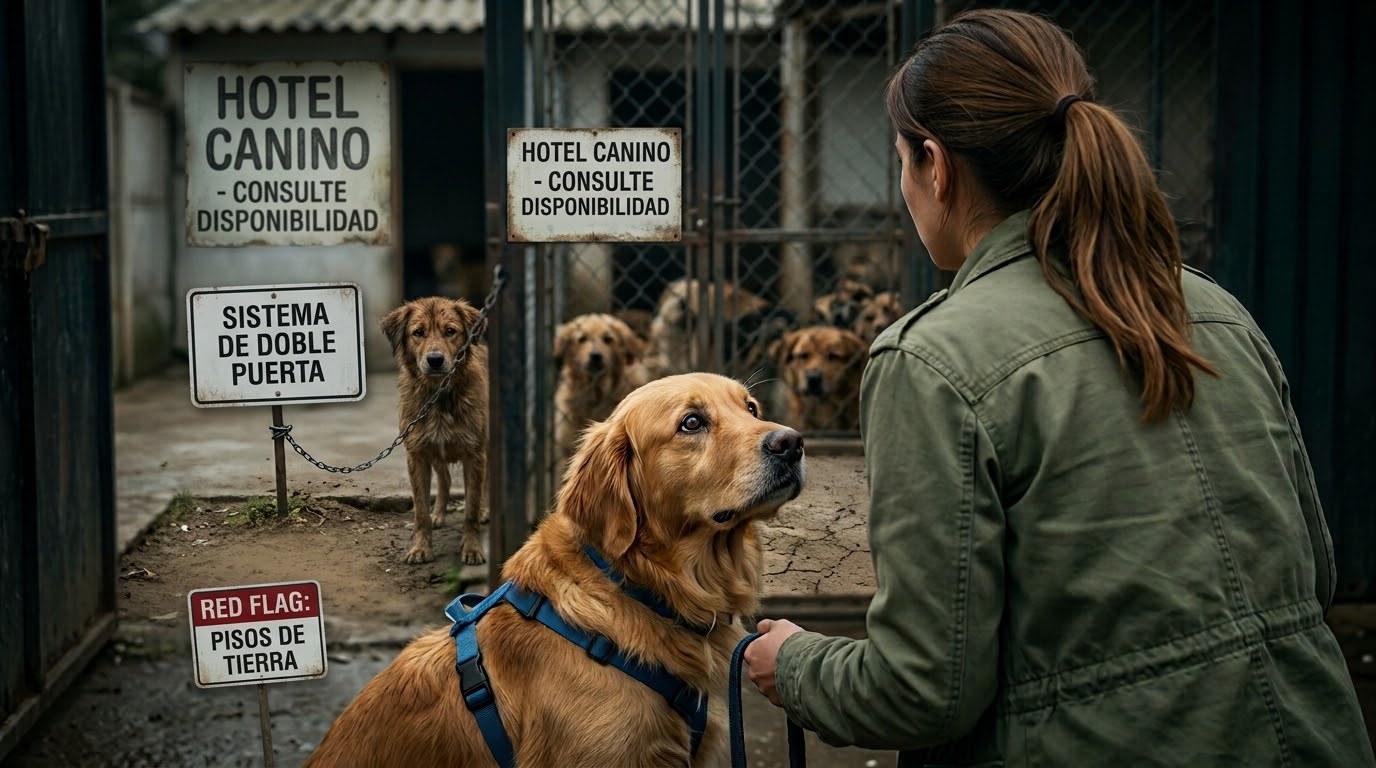 Un Golden Retriever feliz en un entorno seguro y profesional, ilustrando el estándar de un hotel canino que cumple la normativa.